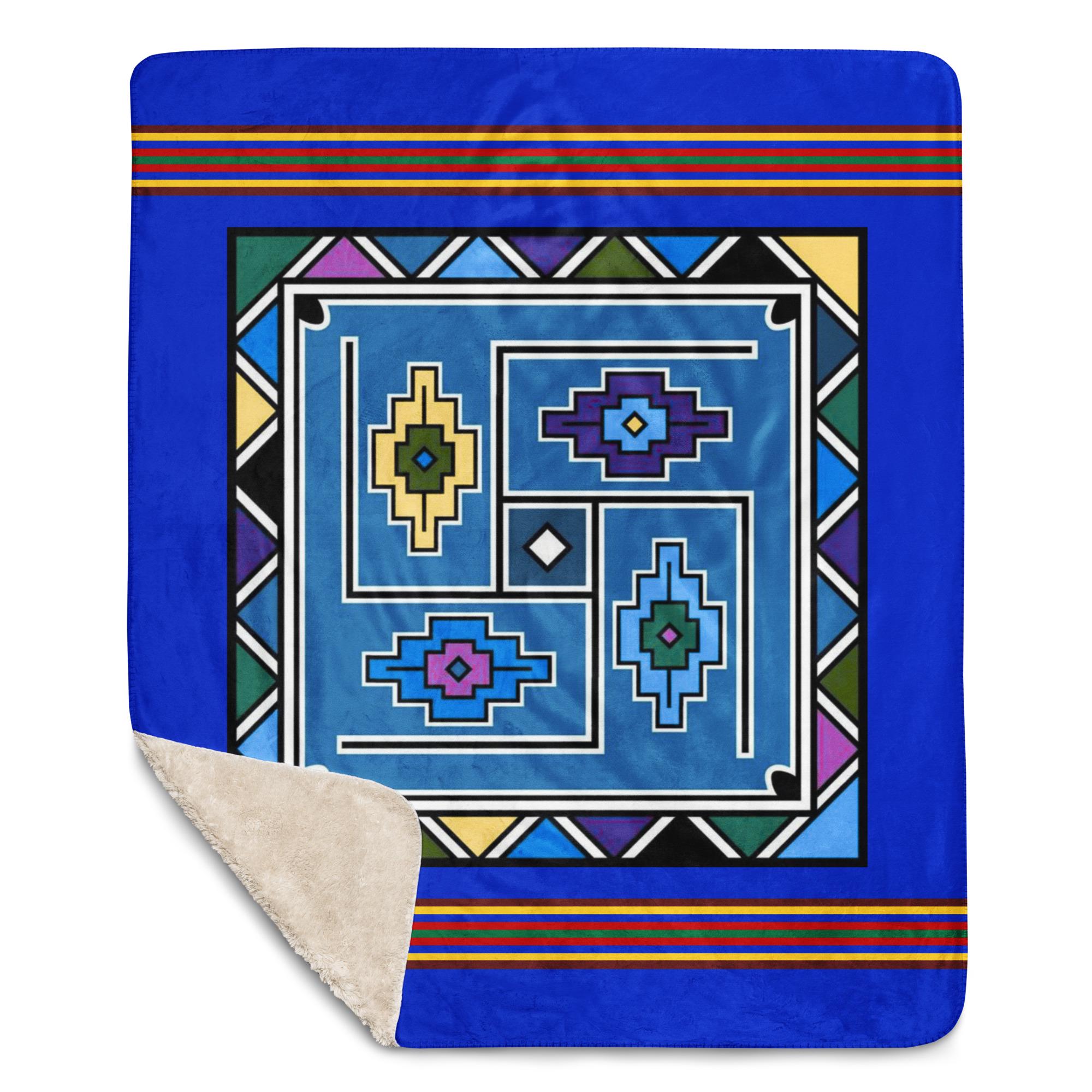 Ndebele Print Sherpa blanket | South African Design (Blue) - Image 3