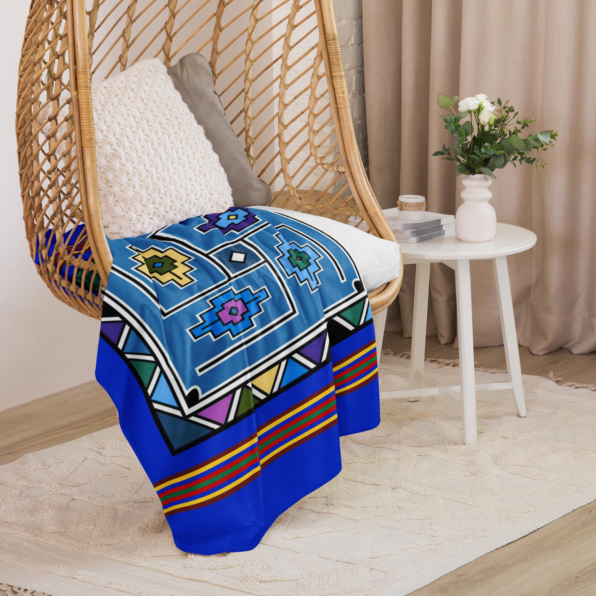 Ndebele Print Sherpa blanket | South African Design (Blue) - Image 5