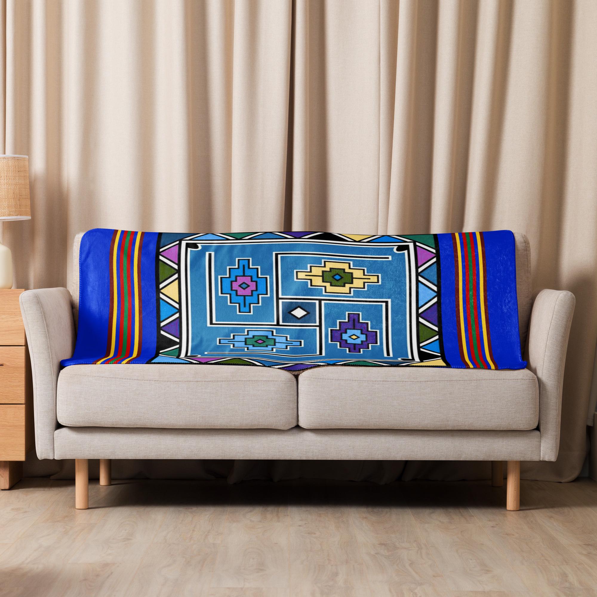 Ndebele Print Sherpa blanket | South African Design (Blue) - Image 9