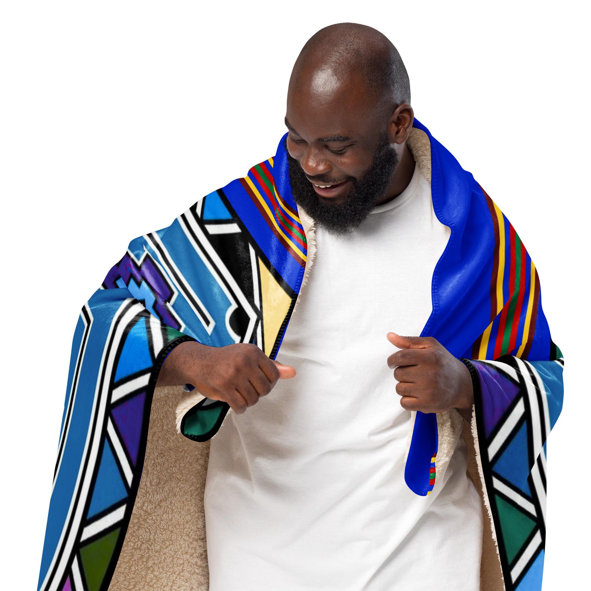 Ndebele Print Sherpa blanket | South African Design (Blue) - Image 2