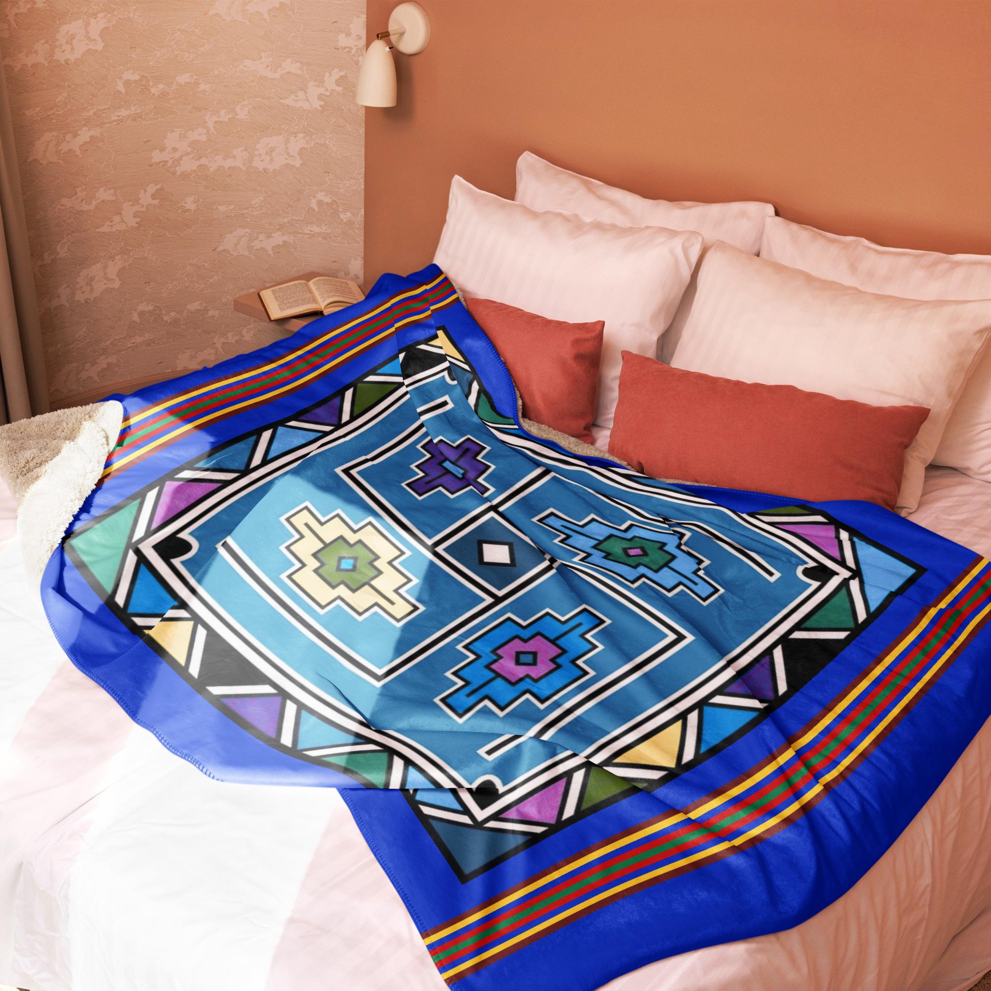Ndebele Print Sherpa blanket | South African Design (Blue) - Image 7