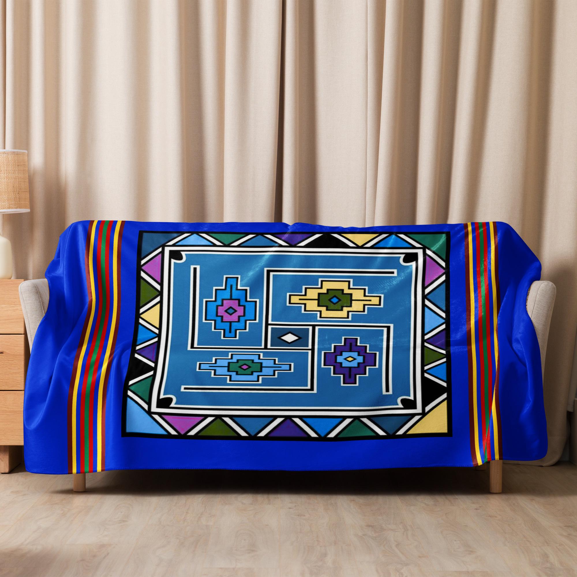 Ndebele Print Sherpa blanket | South African Design (Blue) - Image 10