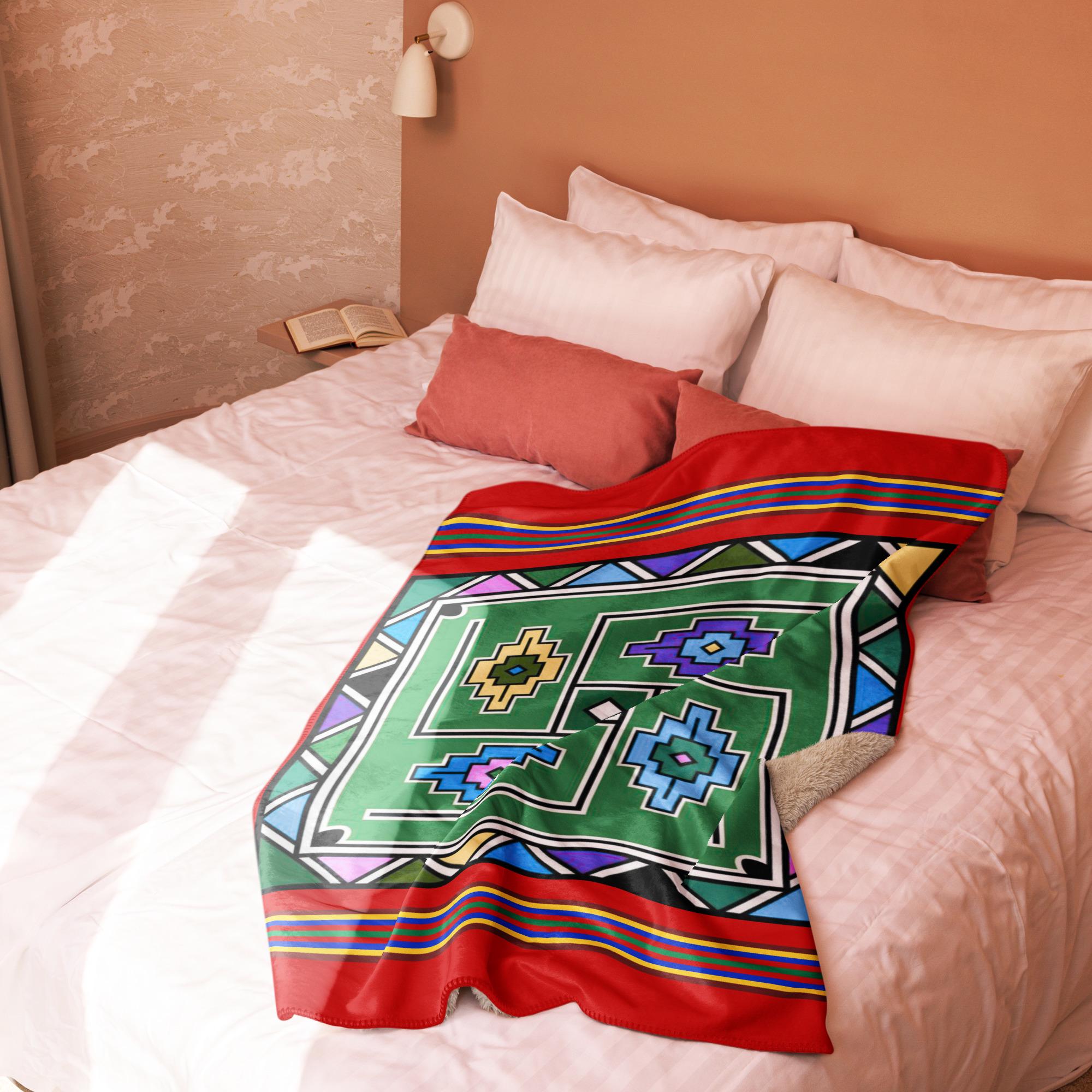 Ndebele Print Sherpa blanket | South African Design (Red) - Image 4