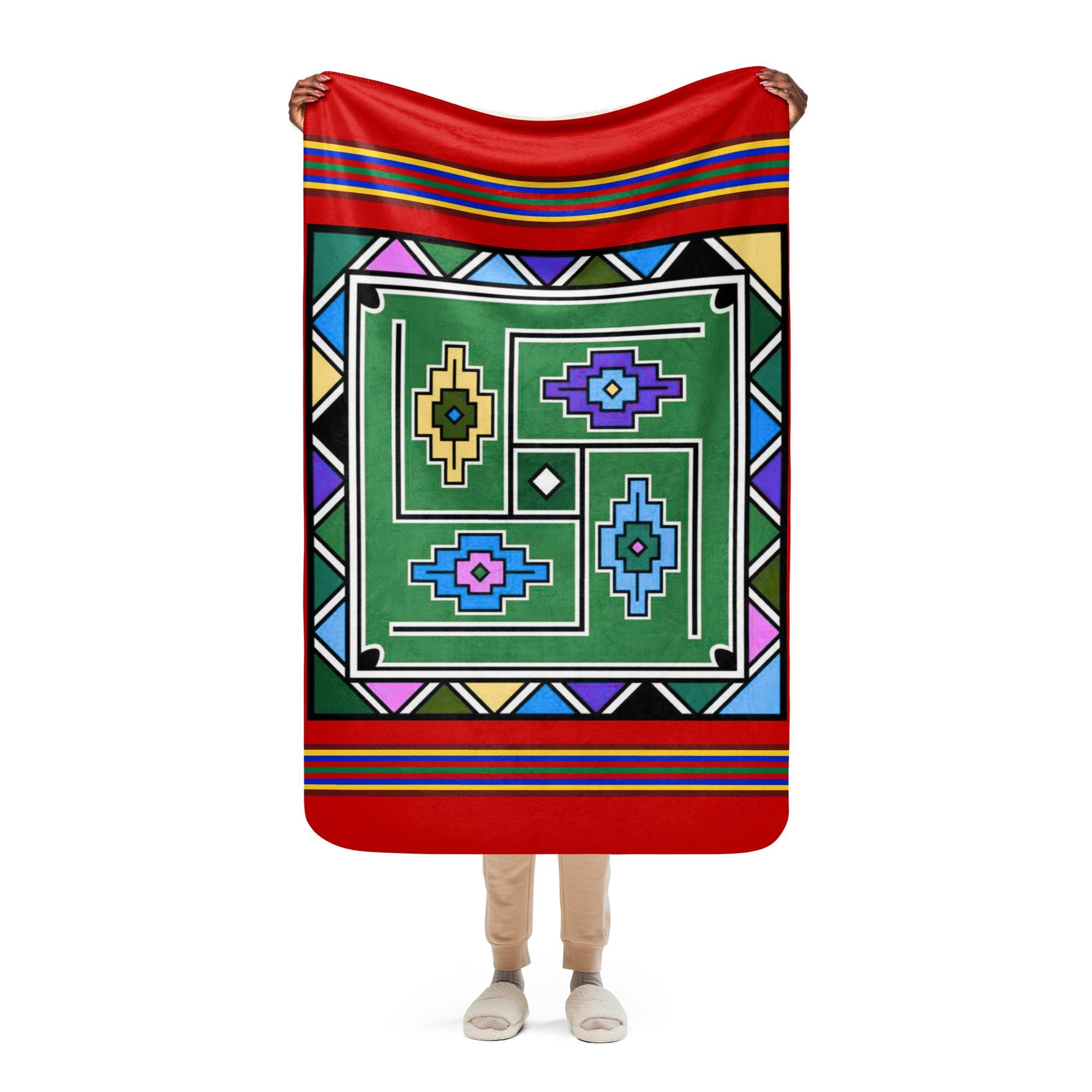 Ndebele Print Sherpa blanket | South African Design (Red) - Image 8